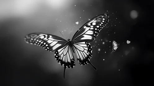 High-contrast monochrome butterfly with luminous wing reflections in flight
