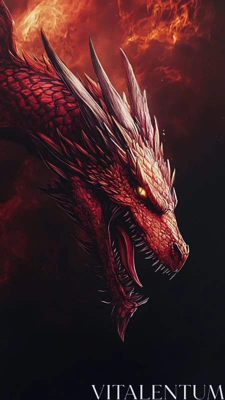 Inferno-scarred crimson dragon prowls the embered void.