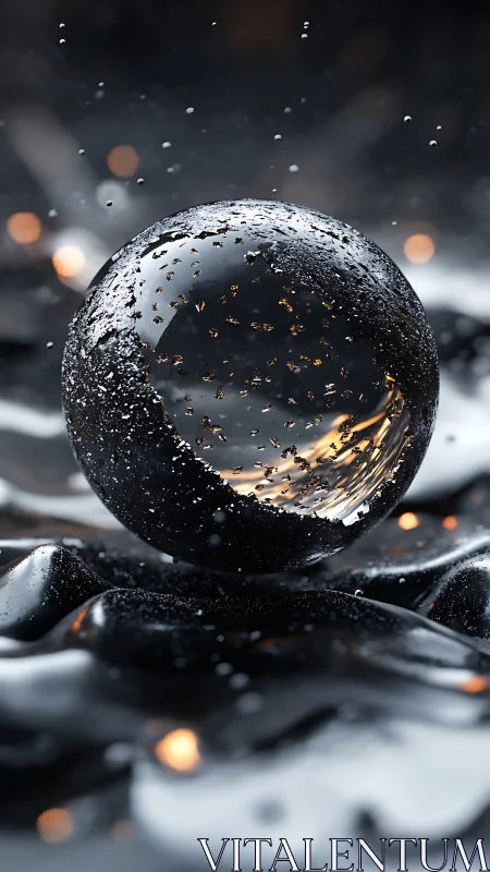 Suspended reflective sphere captures molten bokeh highlights