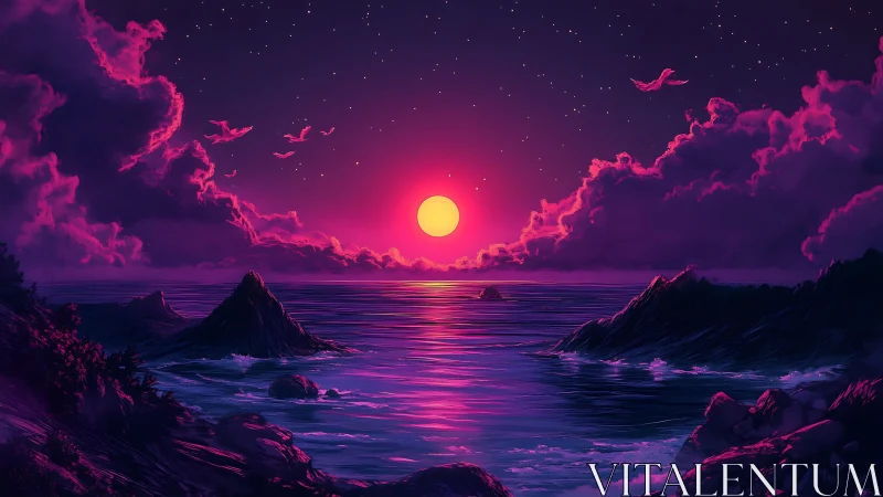 Vivid neon sunset over rocky ocean horizon and clouds.