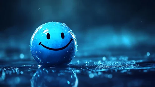 Blue spherical object with smile motif rests on wet surface