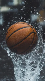 Soaring wet basketball suspended in dynamic water splash.