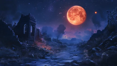 Blood moon above desolate ruins in eerie nightscape.