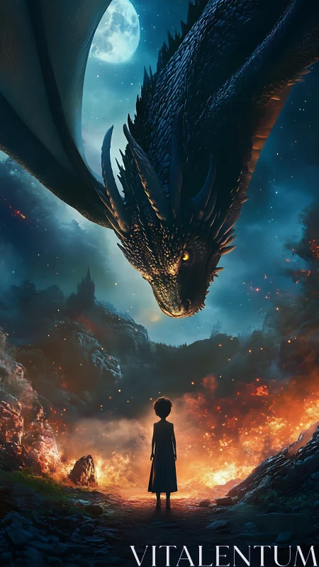 Child confronts looming moonlit dragon above fiery valley.