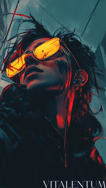 Cyberpunk portrait with neon reflections in orange visor.