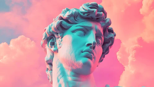 Classical marble bust rendered in cyan and magenta lighting