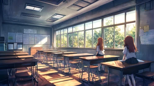 Anime classroom interior with dual figures and sunset lighting.