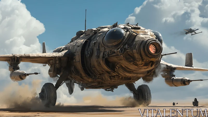 Futuristic desert gunship lifts off with insectoid cockpit forms