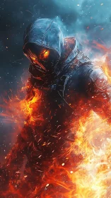 Hooded humanoid figure engulfed in stylized orange flames.