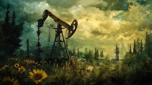Oil pumpjack rises over wildflowers under turbulent sky