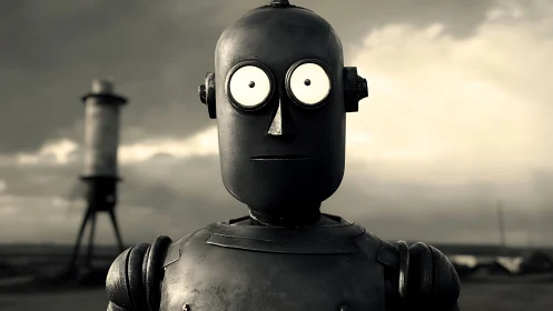 Monochrome wide-eyed robot portrait in desolate rural field