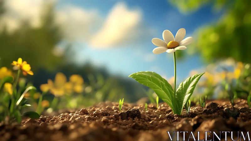 Sunlit daisy hero rising from storybook garden soil.