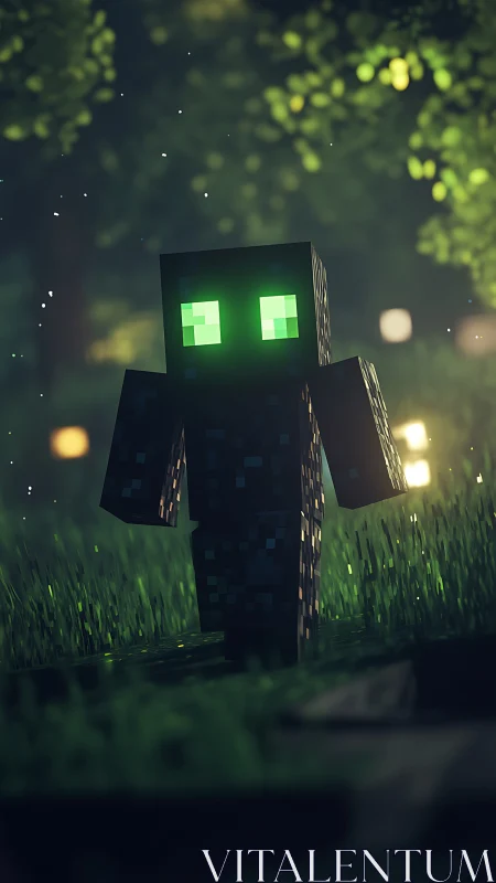 Voxel humanoid with emissive green eyes in shallow depth forest scene