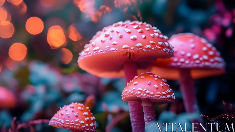Glowing fly agaric mushrooms under dreamy forest bokeh.