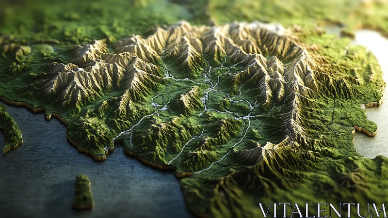 3D relief landscape map with sculpted alpine watershed terrain.