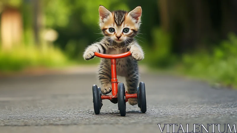 Tabby kitten positioned on red pedal tricycle outdoors.