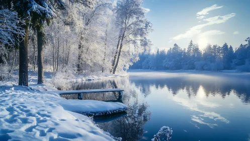Snow covered lakeside forest reflects clearly in still water