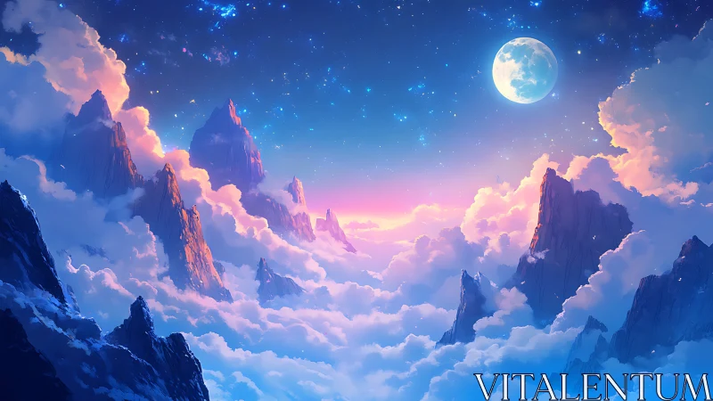 Dreamy moonlit mountains rising above glowing clouds.
