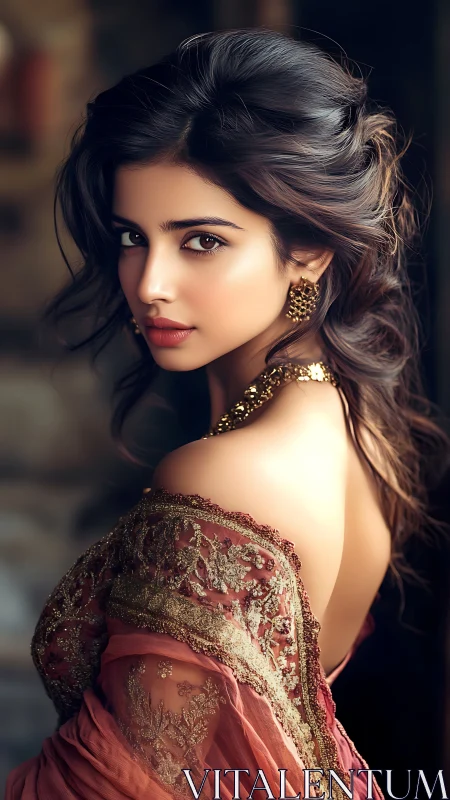 Luminous portrait of woman in embroidered rose-gold drape.