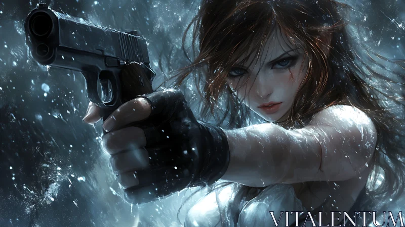 Storm-forged gunfighter aims through shards of frozen rain.
