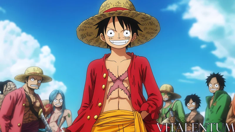 Sunlit straw-hat captain strides forward with grinning courage