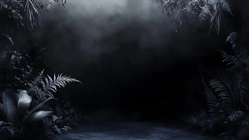 Dense monochrome foliage bordering a dark central void.