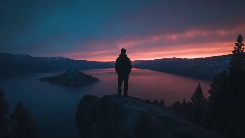 Quiet silhouette at sunrise over a glassy mountain lake.