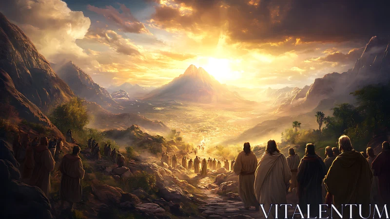 Crowd observing radiant sunrise over distant valley town.