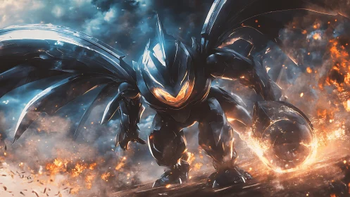 Armored mech dragon advances through fire and smoke.