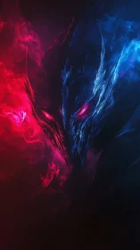 Elemental war-mask ignites in split red and blue fury.