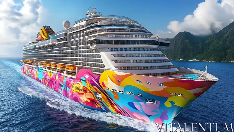 Photorealistic cruise ship with vibrant pop-art hull graphics.