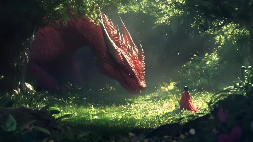 Backlit red dragon confronts cloaked figure in volumetric forest light