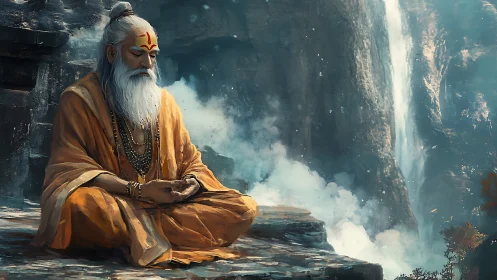 Hermit yogi meditating on misty cliff ledge beside waterfall