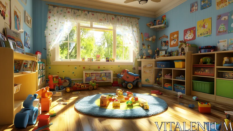 Sunny children&rsquo;s playroom with scattered toys and books.