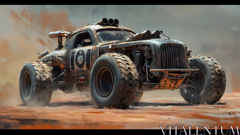 Armored off-road war rig powers across dusty wasteland