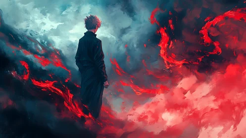 Solitary figure in stylized red and blue elemental storm.