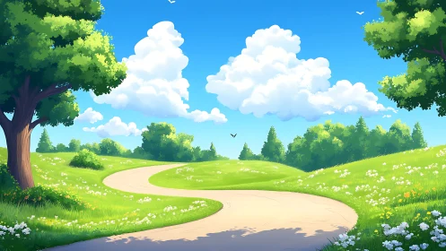 Sunlit meadow path curling beneath storybook summer skies.