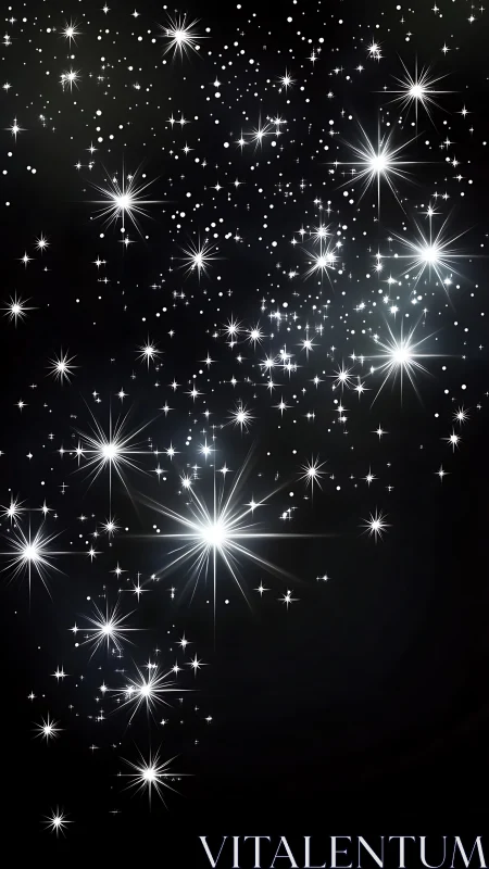 Digital starfield with radiant light flares on black ground.