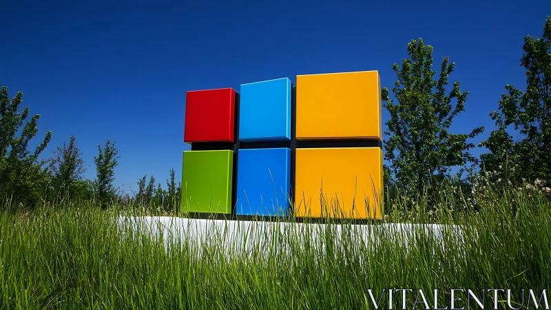 Microsoft logo monument rises over summer campus lawn.