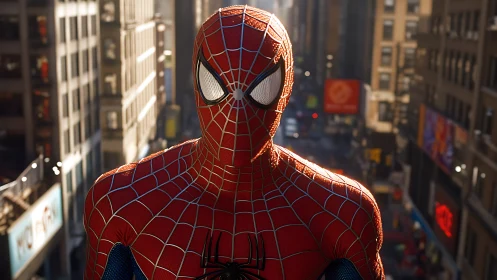 Masked superhero in red suit stands above blurred city street