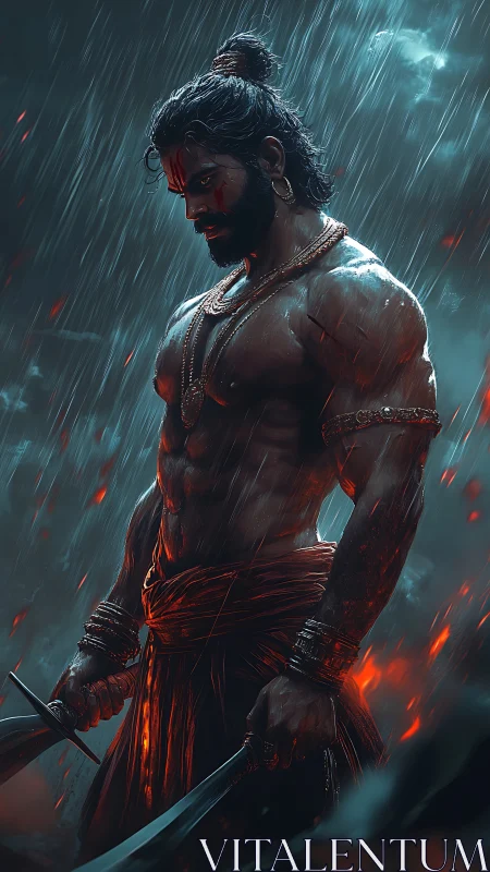 Warrior stands in rain holding dual swords amid embers