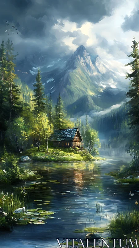 Mountain lake cabin under storm-lit clouds and reflective water