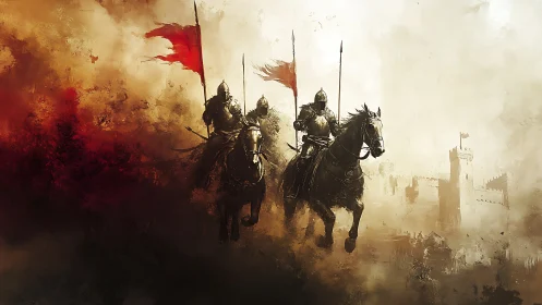 Armored knights charge through fiery battlefield haze.