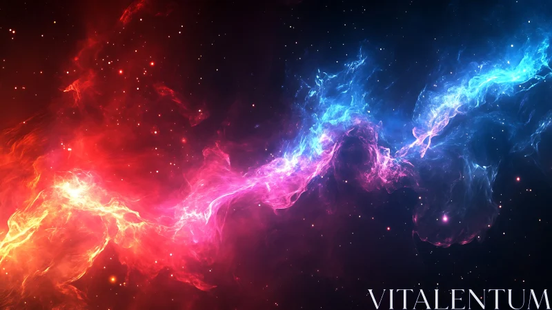 Cosmic nebula ribbon glows in vivid red, pink and blue light