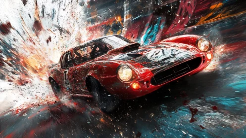 Red racing comet explodes through abstract speedstorm canvas.