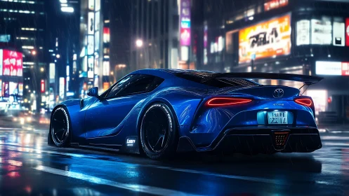 Neon rain crowns a blue street racer in midnight Tokyo glow