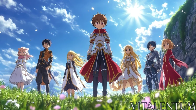 Group of anime characters stands in a grassy field