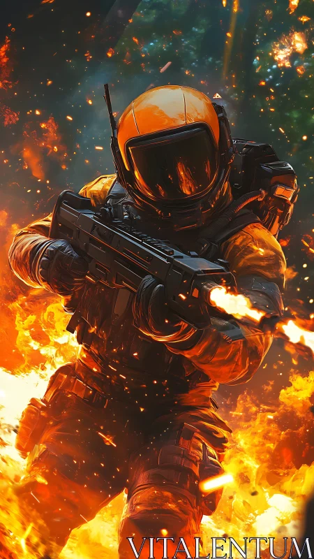Armored Soldier in Reactive Environmental Inferno: Ballistic Gear Engulfed in Dynamic Flame Effects