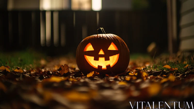 Carved jack o’ lantern glowing on leaf covered lawn.