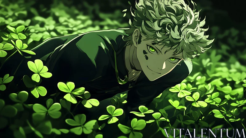 Anime boy with green eyes hiding in glowing clover field.